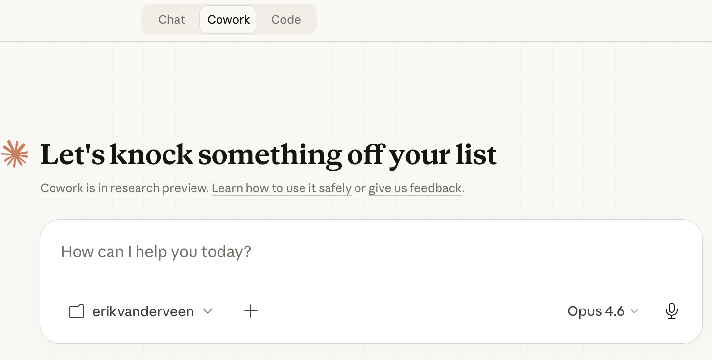 De Claude Cowork interface — typ gewoon wat je wilt en Cowork voert het uit